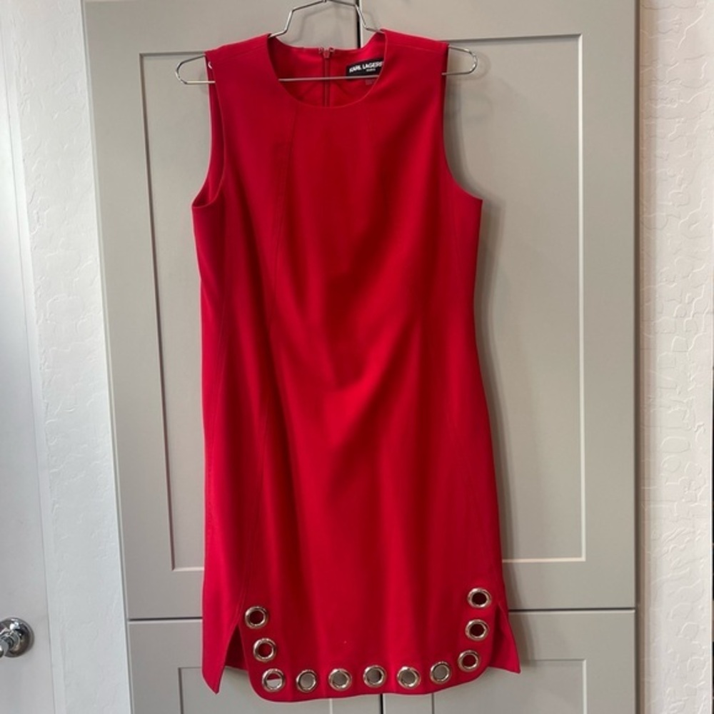 Womens Karl Lagerfield Paris Red Grommet Sleeveless Tank Sheath Dress Small Knee